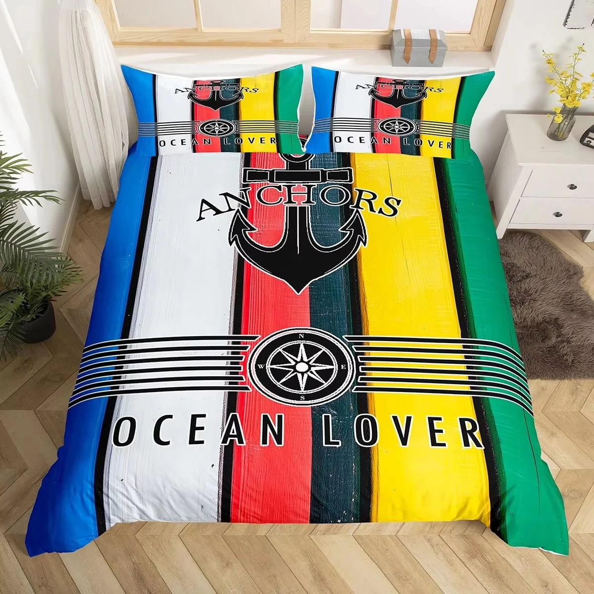 Ship Anchor Bedding Set Nautical Duvet Cover for Men Teens,Wheel Compass Quilt Cover Rustic Retro Ocean Theme Sketch Room Decor