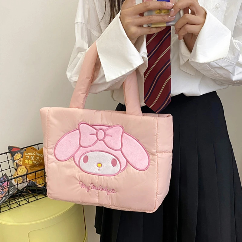 MINISO Sanrio Series Cartoon Cute Down Cloth Handbag Casual Large Capacity Shoulder Bag Melody Kuromi Tote Bag