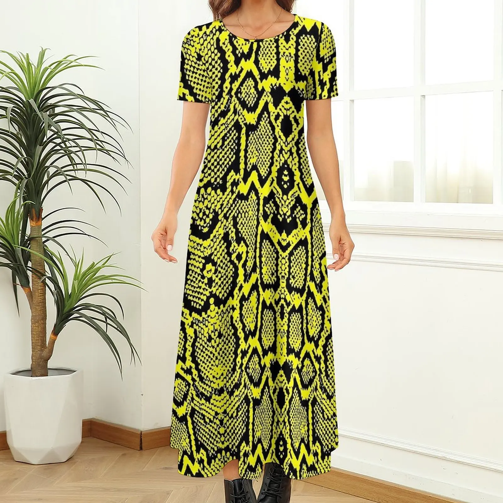 Vestido amarillo con estampado de piel de serpiente, ropa de calle, vestidos largos bohemios, vestido Maxi moderno para mujer, Idea de regalo