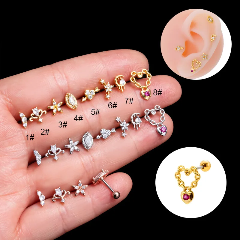 1Piece 20G Stainless Steel Cartilage Earrings Flower Chain Heart Pink Zircon Stud Earring Ear Bone Nail Screw Piercing Jewelry