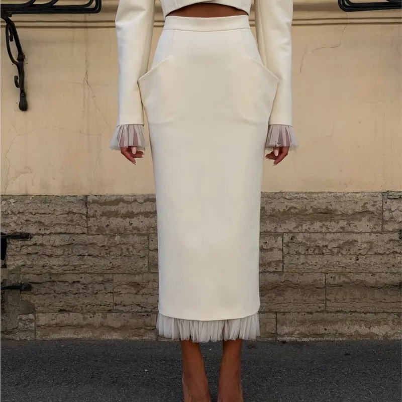 Women's Skirts Autumn Mesh Spliced High Waist With Pockets Back Fork Midi Skirt Fashion Casual Vacation Female Elegant Skirt