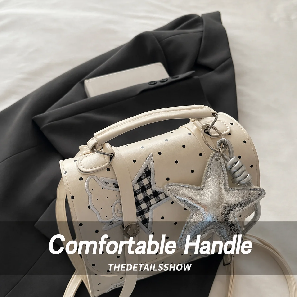 Top Handle Bag Soft Touch Pu Leather Backpack Star Decor Backpack Trendy Polka Dot Backpack For Travel Shopping School