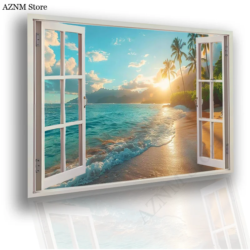 3D Sunset Blue Beach Nature Sky Aurora Lake Window View Post