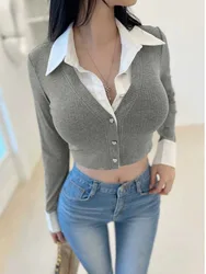 WOMENGAGA Fake Two Pieces Sexy Feminine Short Shirts Button Up Designer Collared Long Sleeve Shirt Women Fashion Tops QHD1