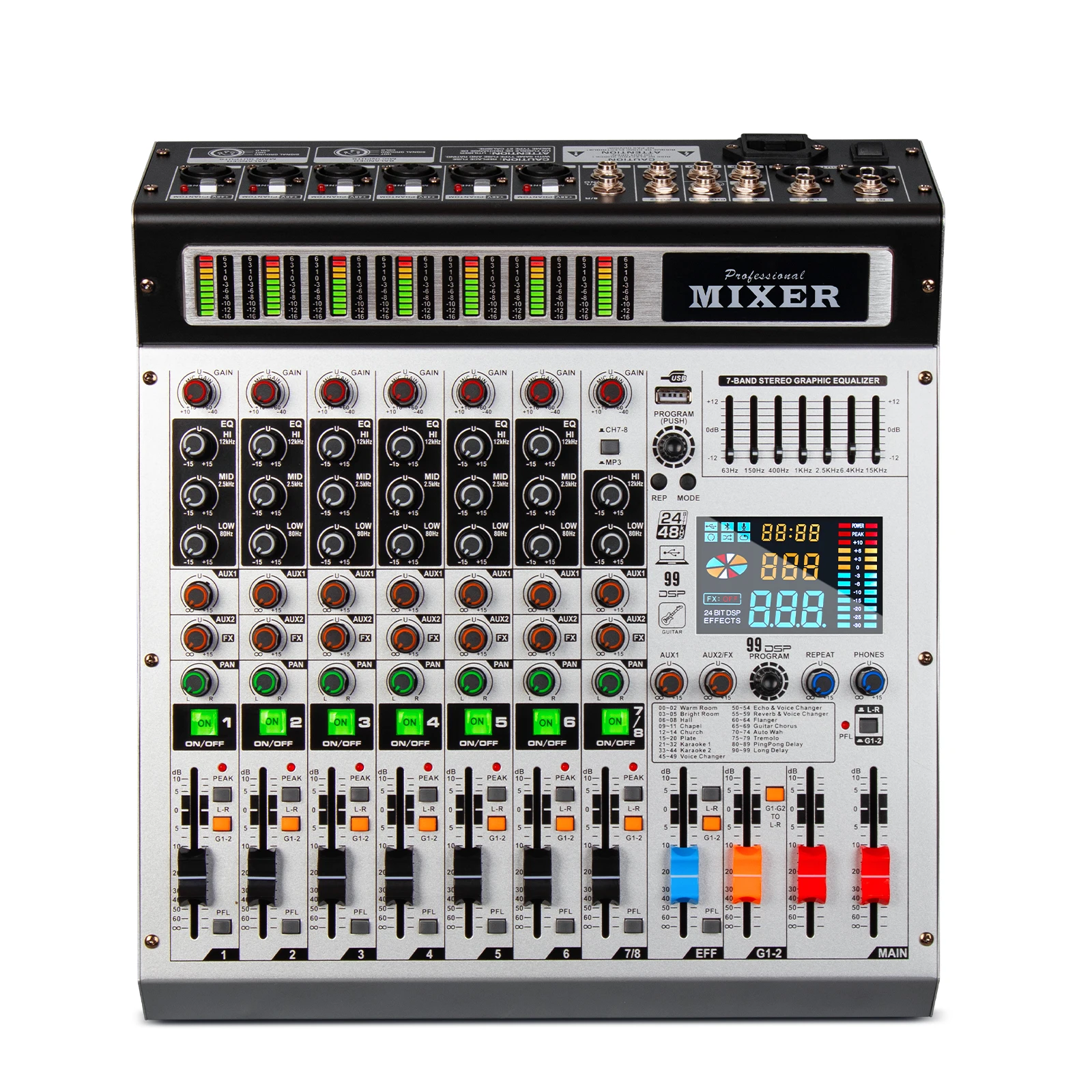 

2024 Brand New 8 Channel Interface Audio 99 Effects Digital Professional Audio Mixer with 2 Marshals