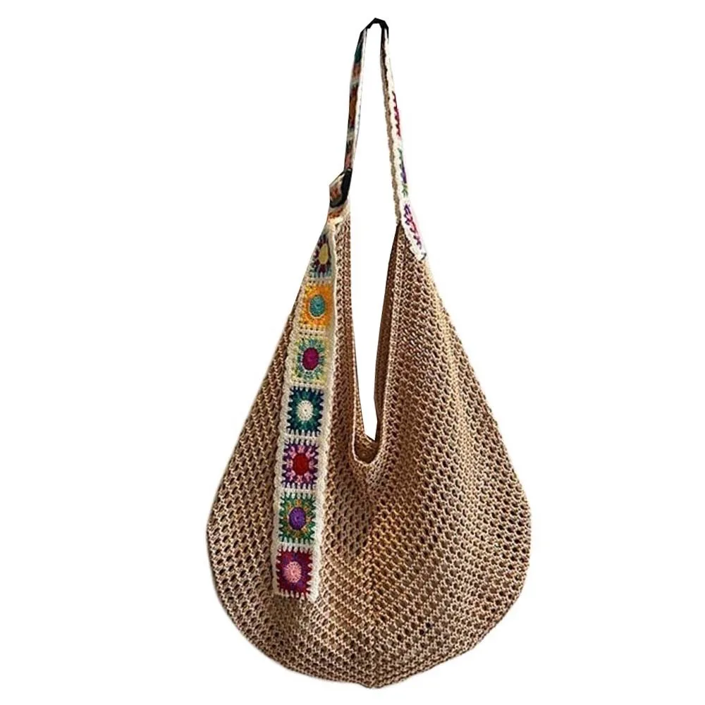 

Large Capacity Crochet Tote Bag Flower Lightweight Hollow Woven Bag Embroidered Strap Ethnic Style Knitting Handbag School