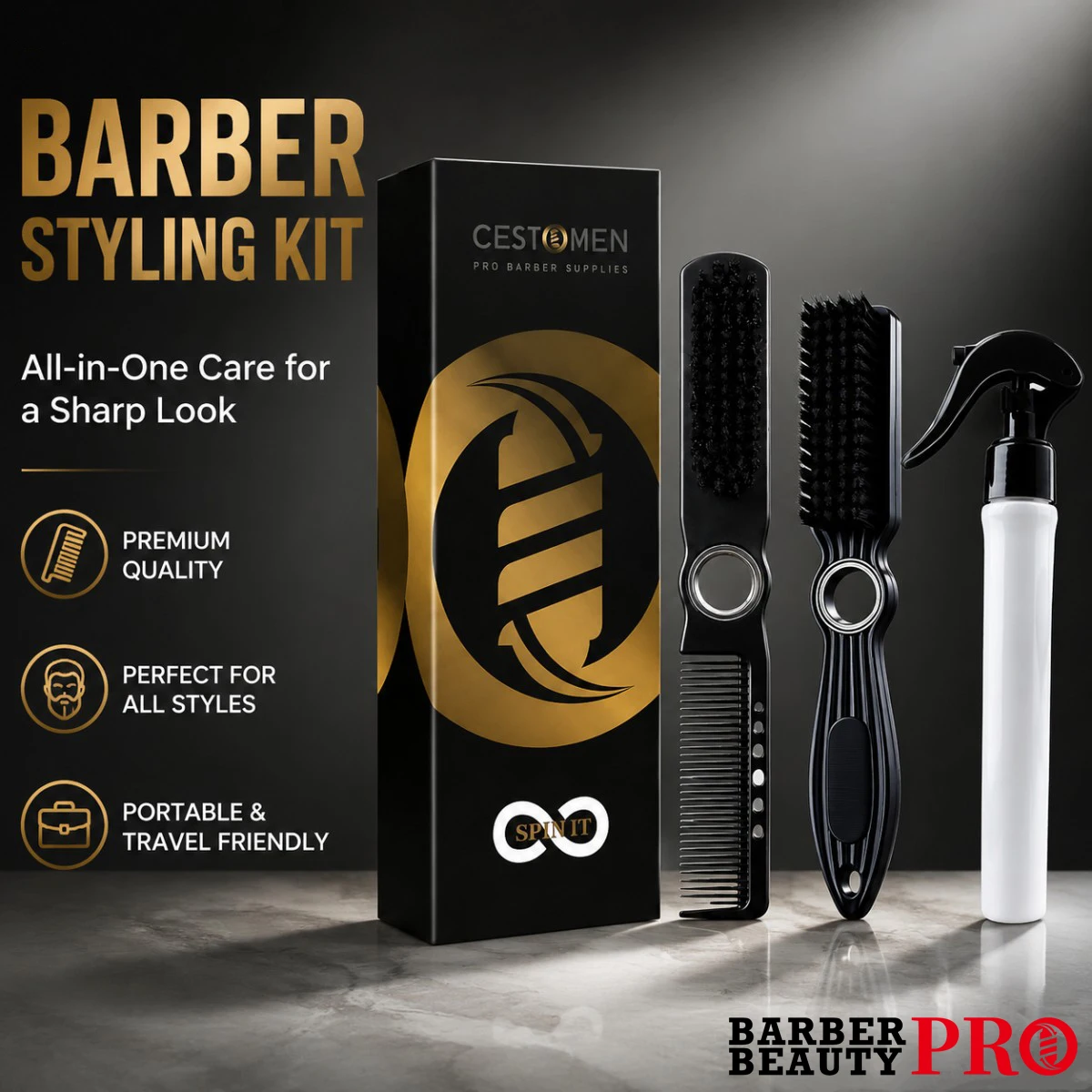 2Pcs Professional Barber Styling Kit 360° Rotatable Bearing Hair Brush Comb Set Beard Brush with Spray Bottle for Salon Home