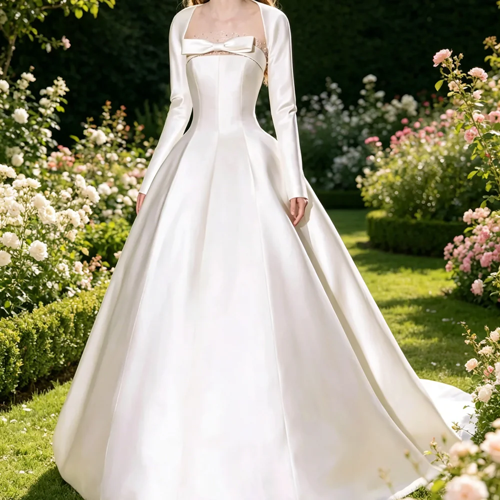 

Elegant Satin Square Collar Bow Full Sleeve Ball Gown Bride Wedding Dresses Bridal Gowns Customized