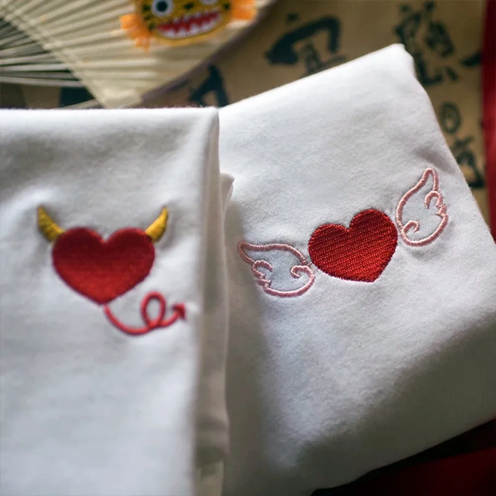 Angels and Demons Heart Shape Embroidered T Shirts Summer Short Sleeve Loose Cotton Couple Tshirt Crewneck Casual Tops Tees