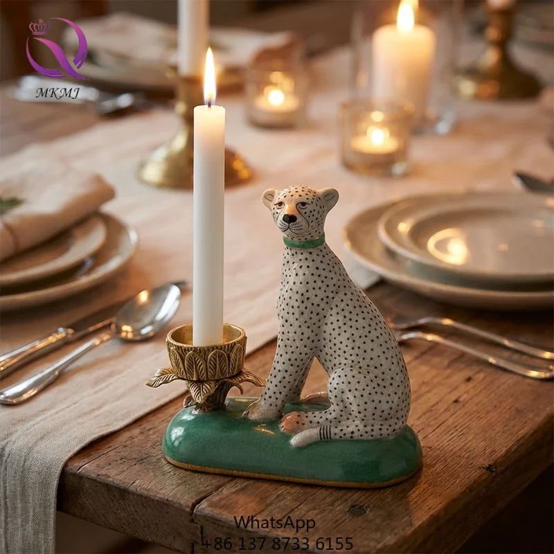 

Leopard Statue Porcelain Dotted Cheetah Sculpture And Candle Holder For Home Decor Elegant Living Room Accent