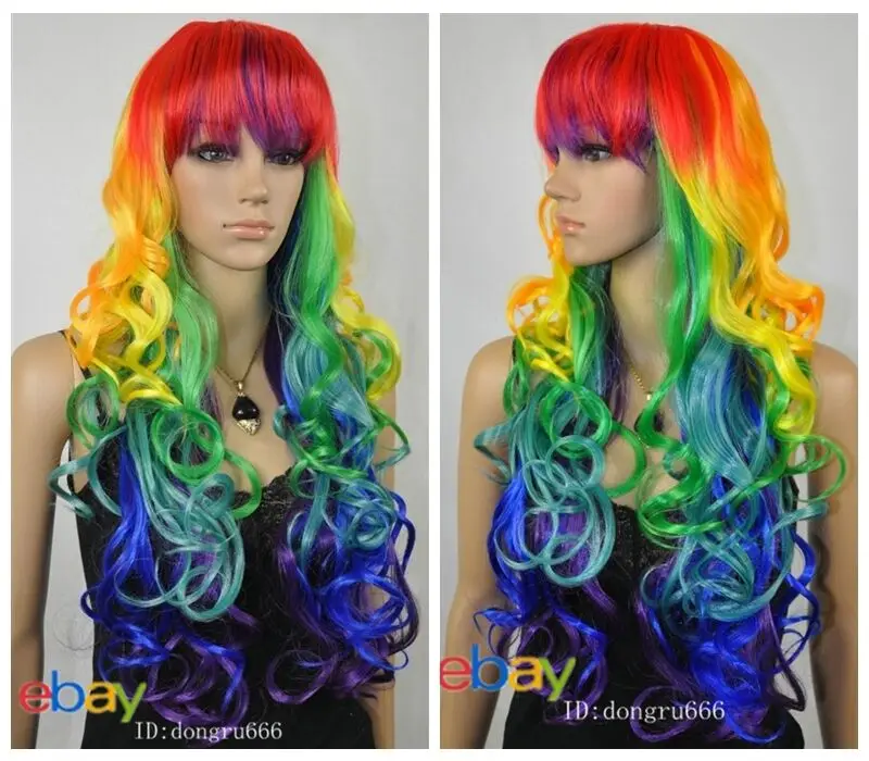 Peruca longa encaracolada para mulheres, cabelo multicolorido para senhoras, festa de cosplay