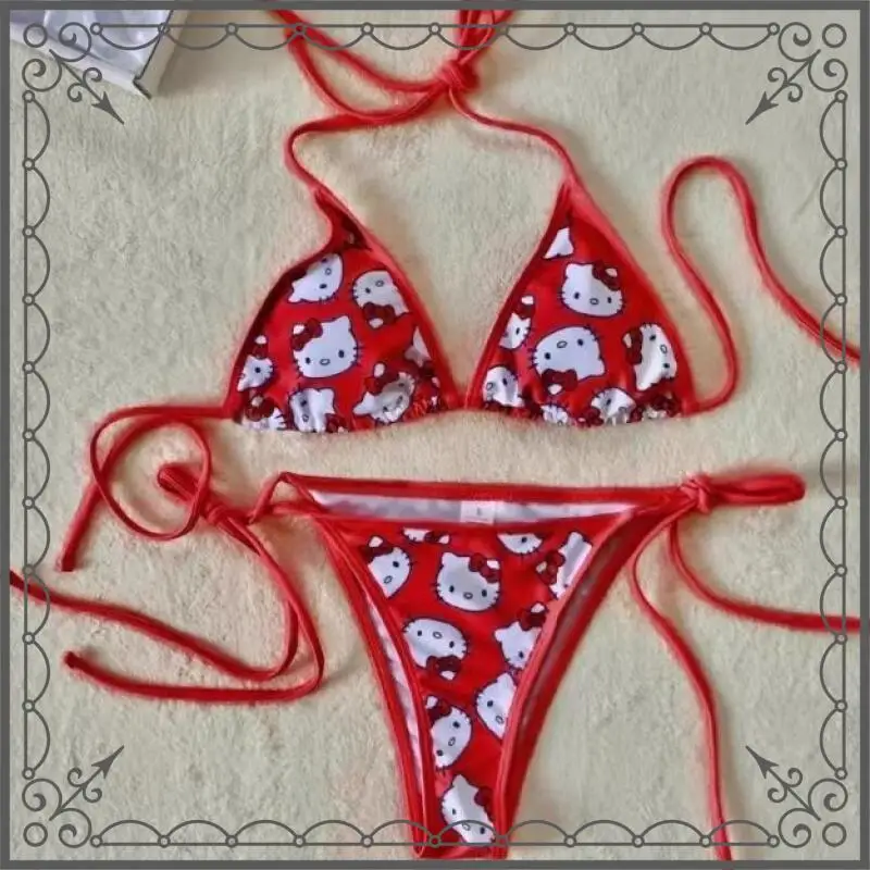 Traje de Baño de Dos Piezas de Hello Kitty de Sanrio, Traje de Baño Creativo, Dulce y Moderno, en Oferta, para Fiestas en la Piscina, Kawaii, para Estudiantes, sin Espalda, Regalo para Vacaciones