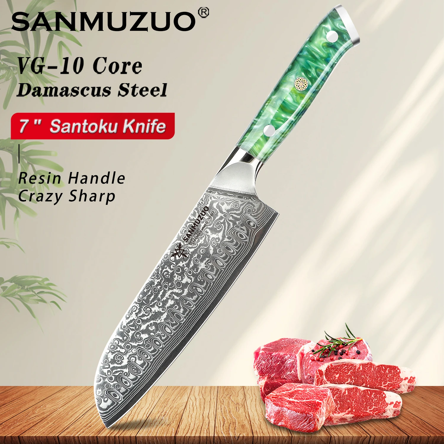 

SANMUZUO Santoku Knife - 7 inch - Xuan Series - VG10 Damascus Steel Kitchen Knife - Sharp and Durable - Resin Handle