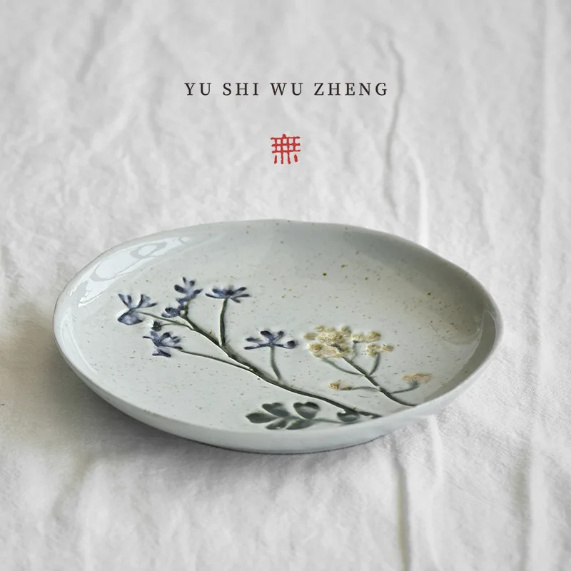 

Underglaze Color Hand-painted Coarse Pottery Plate,Daily Tableware Sushi Plate, Creative Ceramic Side Dish Cup Holder Pot Holder