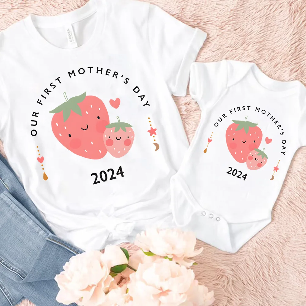 Casual Family Outfit Our 1st Mother's Day Pattern Print Family Matching Outfits Mom T-shirt+baby Romper Mothers Day Clothing