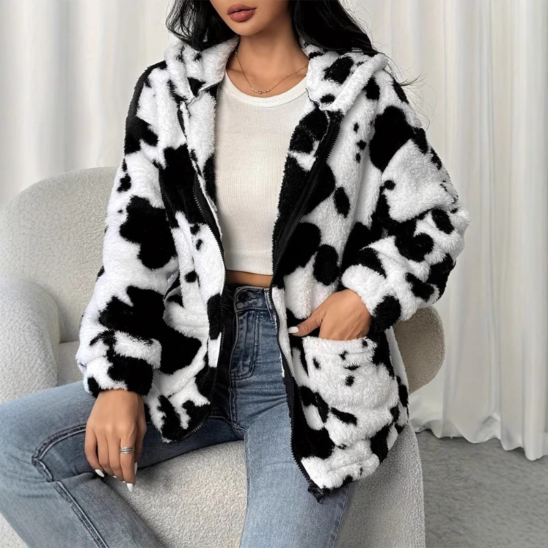 

Faux Fur Jacket 2025 Autumn and Winter Printed Casual Zipper Women's Warm Jacket
