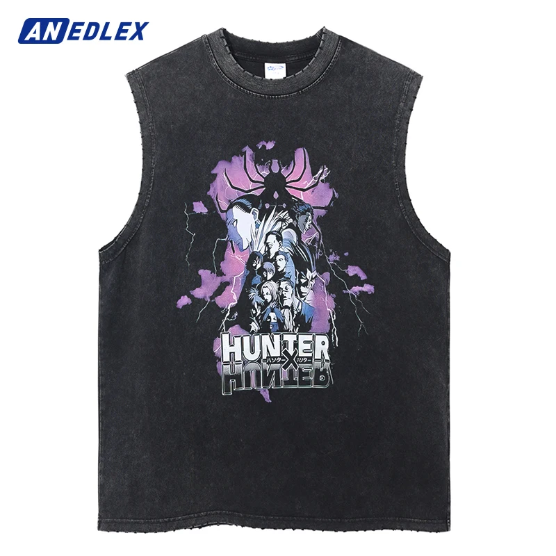 

Harajuku Streetwear Men Sleeveless Ripped Tank Top Hip Hop Vintage Japanese Anime Print Vest Summer Cotton Sports Vest Black