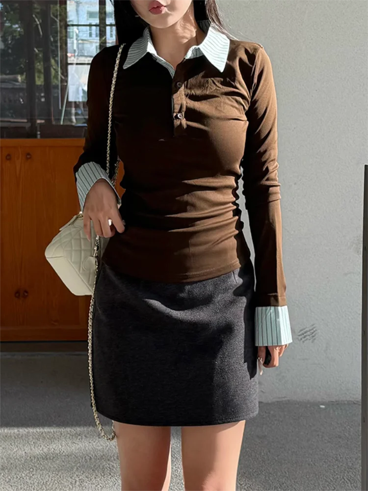 

Y2K Fake Two Piece T-Shirt Women Fashion Patchwork Aesthetic Tops Female Autumn Slim Fit Long Sleeve Tee Shirt