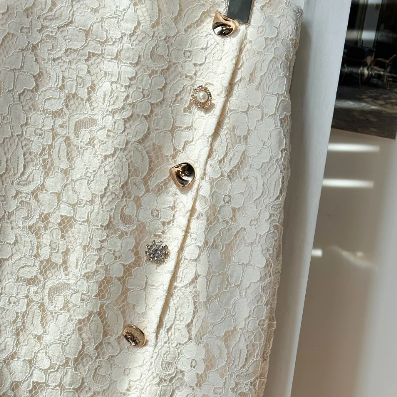 French Lace Hollow Bag Hip Overskirt High Waist Split Elegant High Quality Vintage Wine Office Fashion Women Midi Skirt