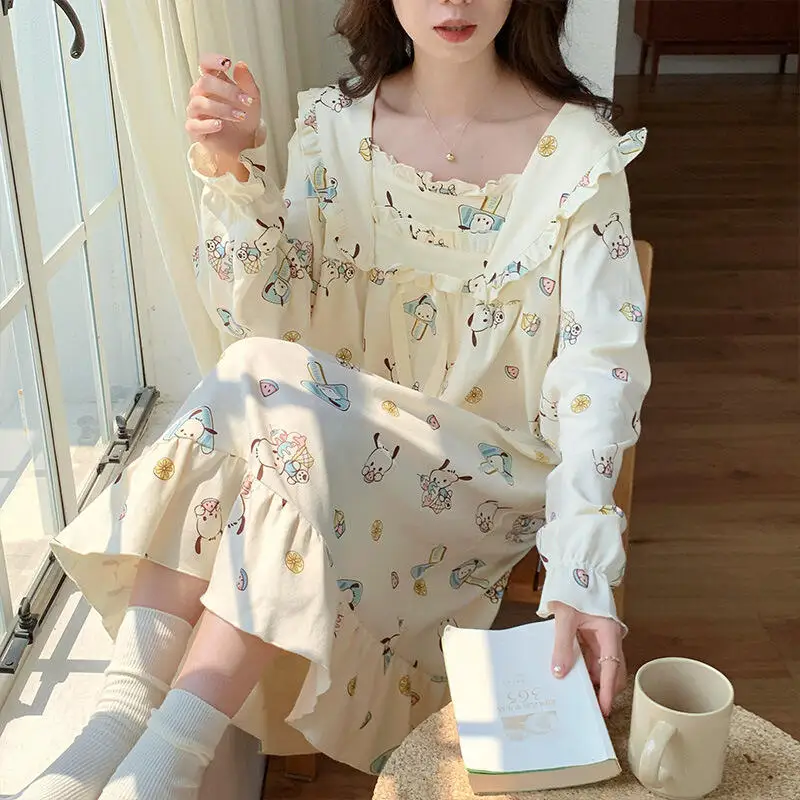 

Pochacco женская спальная юбка Kawaii мультфильм для молодых девушек осенне-зимняя пижама с длинными рукавами для отдыха домашняя одежда платье