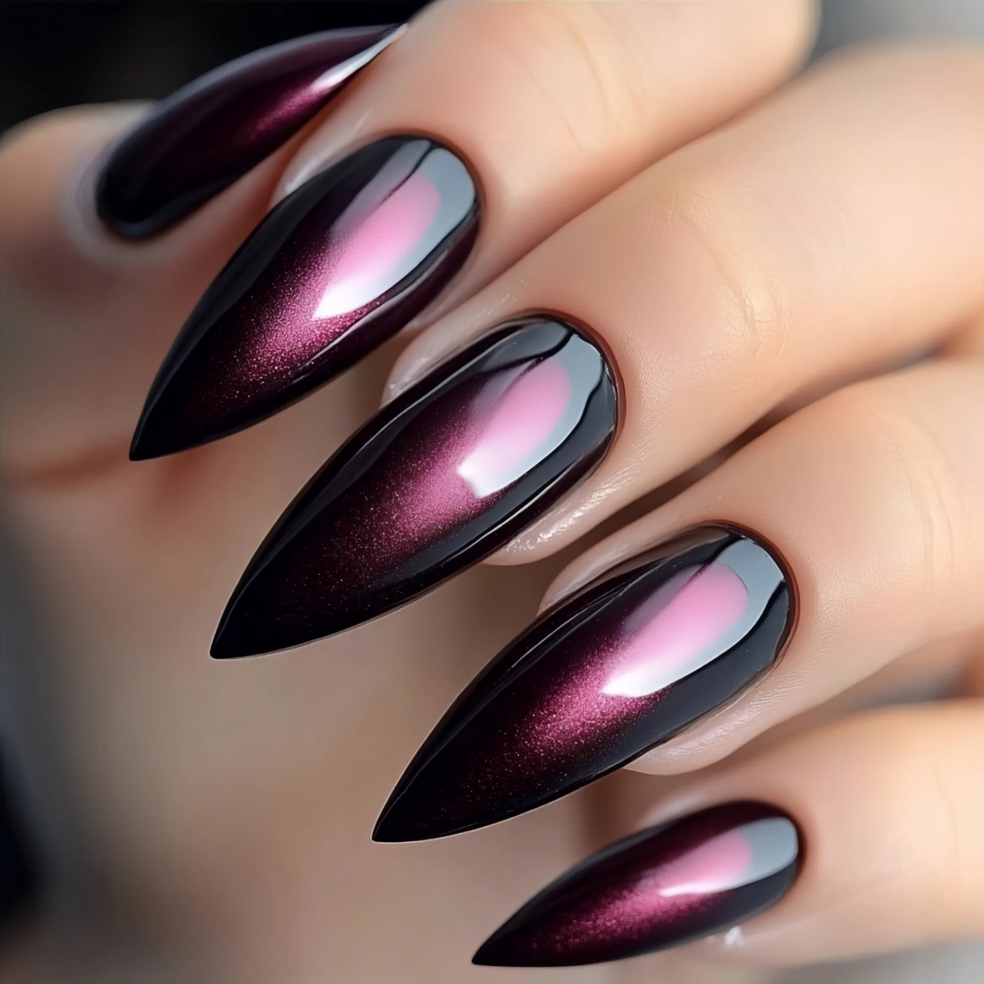 Mittellange künstliche Nägel für Frauen und Mädchen, weinrot, schwarz, glänzend, schimmernd, Katzenaugen-Effekt, Mandelform, vollständige Abdeckung, zum Aufkleben, Acryl-Kunstnägel