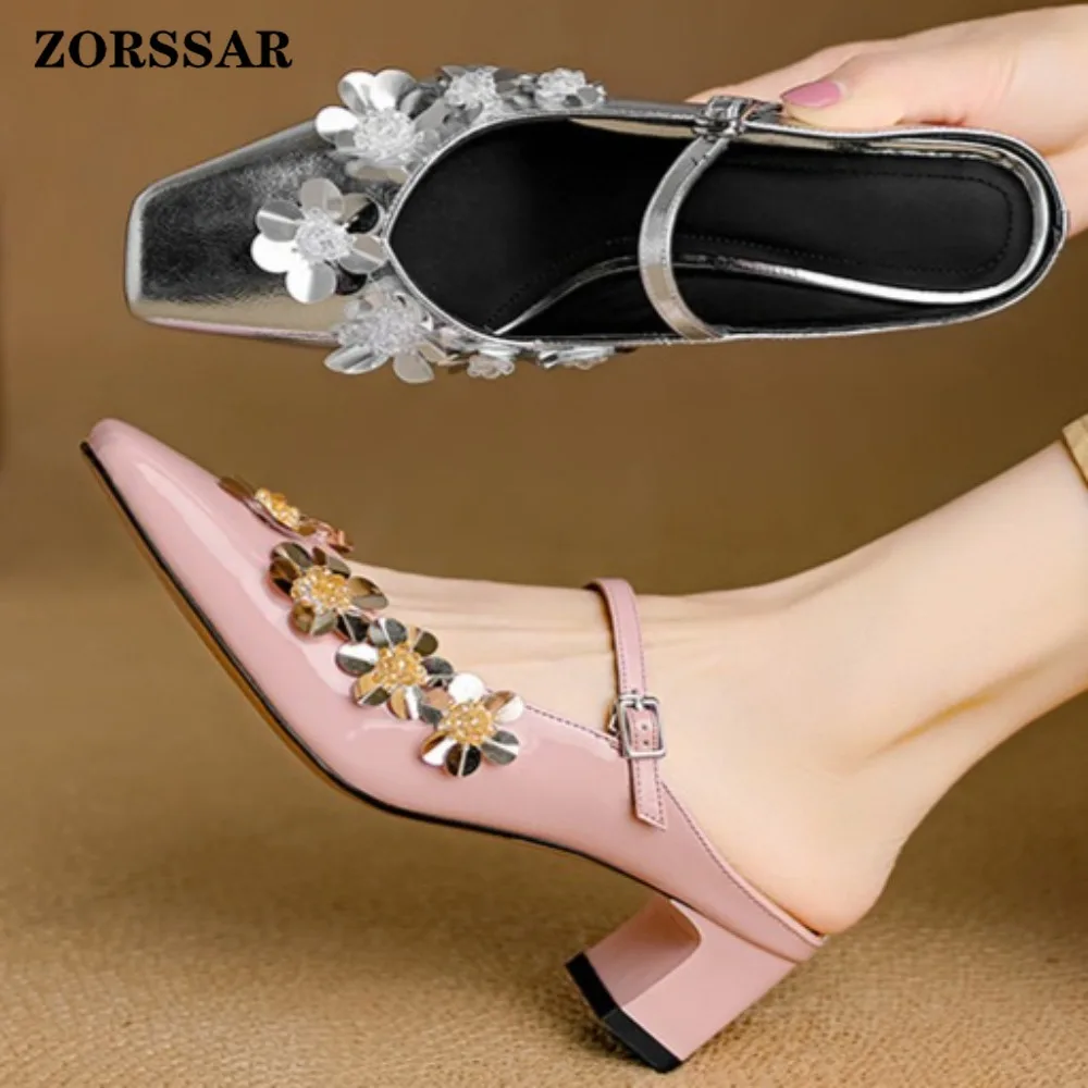 

Women's Rhinestone Flower Chunky Heel Mules, Square Toe Mary Jane Slides, Elegant Slip-on Shoes for Ladies,Fashion Party Sandals