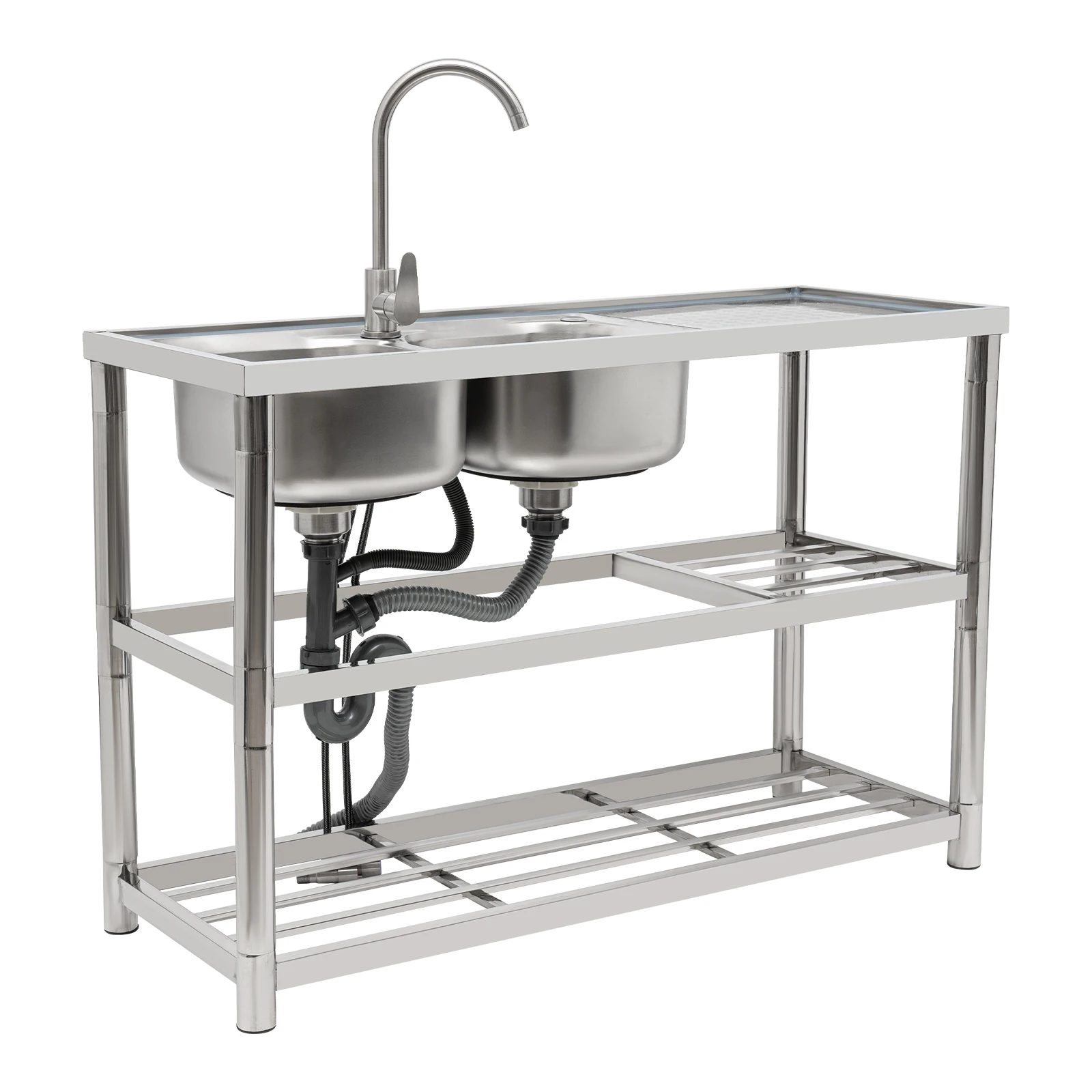 Free Standing Stainless Steel Kitchen Sink Dual Bowl with 360° Rotatable Faucet Strong Bearing Capacity