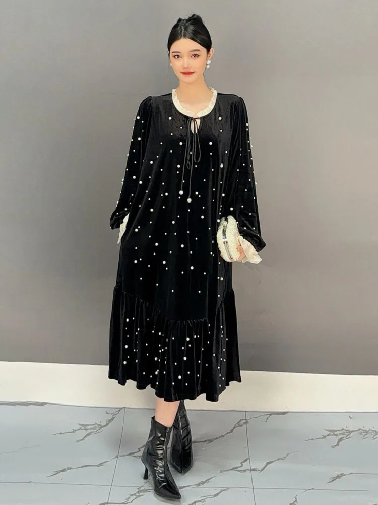 SHENGPALAE Spliced Beading Dress Women Round Collar Full Sleeve A Line Patchwork Medium Long New 2024 Wedding Party 5C1540