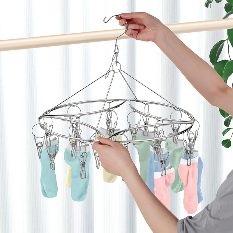 16 Clip Hanger Stockings Rack Stainless Steel Multi-Clip Drying Sock Round Folding Hook