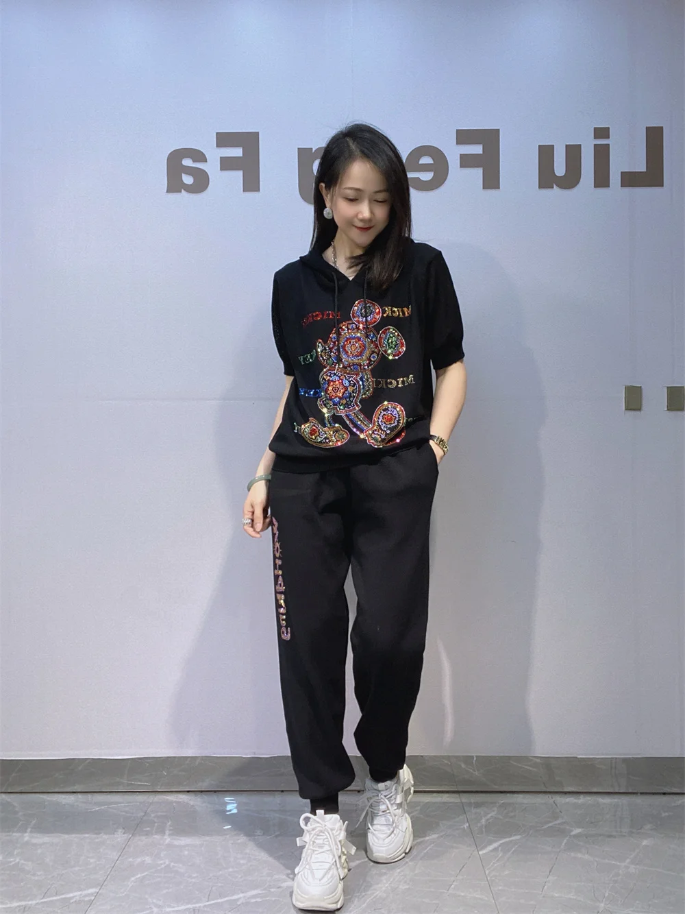 

Women's Fashion Letter Casual Knitted Set Short Sleeve Long Pants Two Piece Set Summer Rhinestone Set Breathable Cotton Polye...