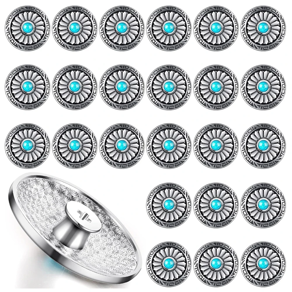 5Pcs Faux Turquoise Round Sunflower Decorative Buckle Metal Sunflower Buttons Screw Back Buttons for DIY Craft Leather Belt