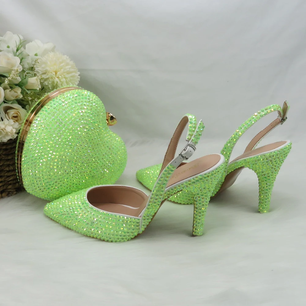 

New Arrival Fashion Heart Green AB Bling Pointed Toe Wedding Shoes and bag Woman High Pumps Thin Heel Party Shoes Slingbacks