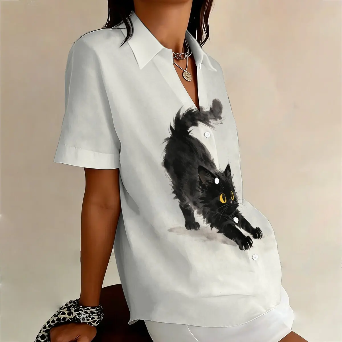 Summer Fashion Plus-Size Women's Short-Sleeve Lapel Shirt, White Base with Black Cat Pattern, Stylish & Cute, Perfect for Casual view 3