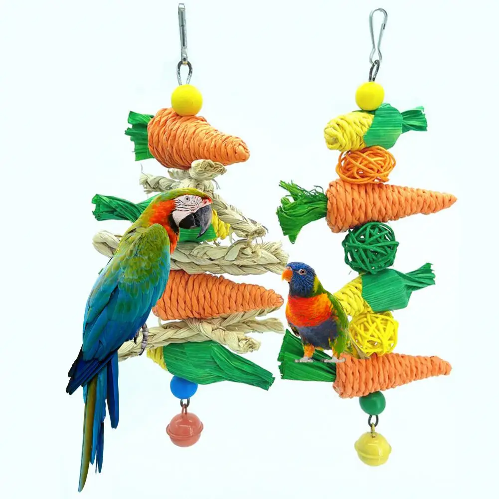 

Parrot Hanging Toy Bite-resistant Natural Materials with Bell Carrot Shape Bird Chew Toy Cage Accessories Pet Supplies