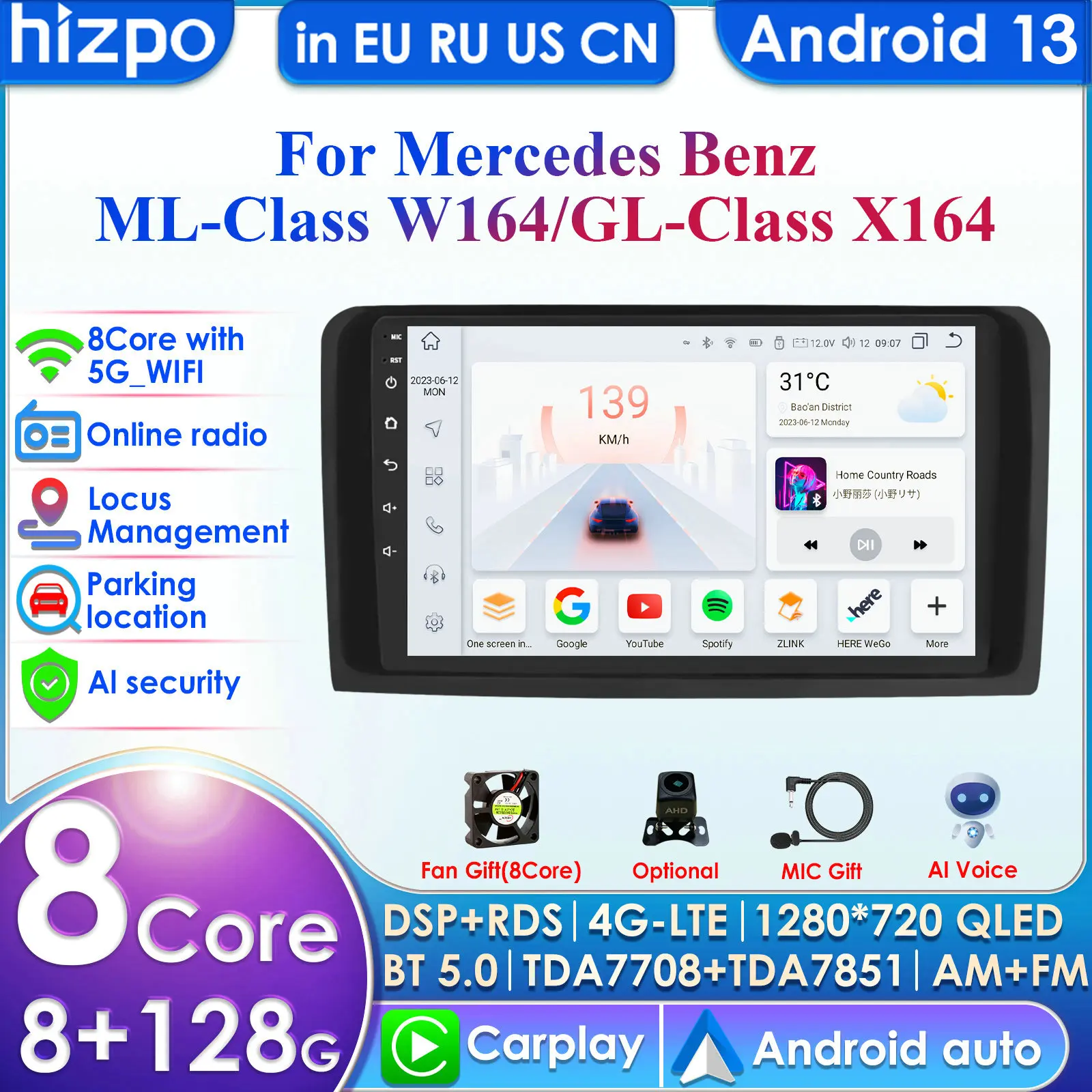 Hizpo 4G 9'' AI Intelligent Systems CarPlay Android Auto Radio for Mercedes Benz X164 GL Class ML W164 ML500 Car Multimedia WIFI