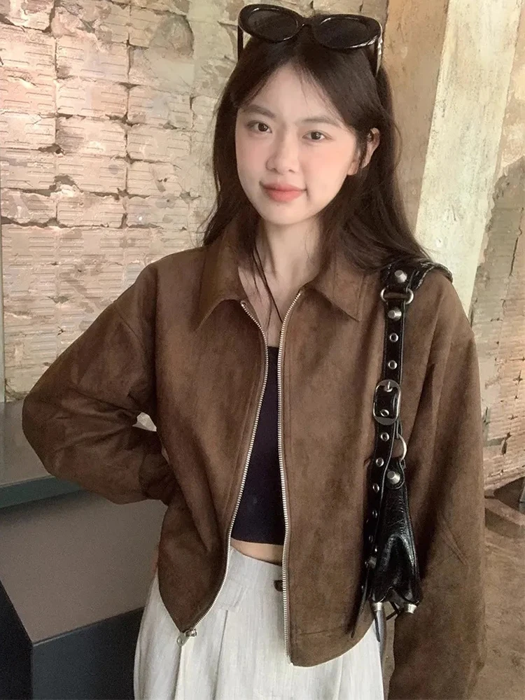 Vintage Faux Suede Y2K Jacket Women Streetwear Harajuku Hip Hop Long Sleeve Coat American Retro Fall Winter Bf Pockets Outwear