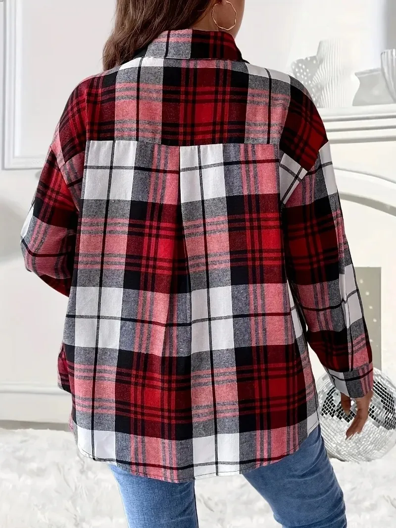 Women\'s Spring and Summer Plus Size 1XL-5XL Checkered Printed Shoulder Top Women\'s Long Sleeved Casual Shirt