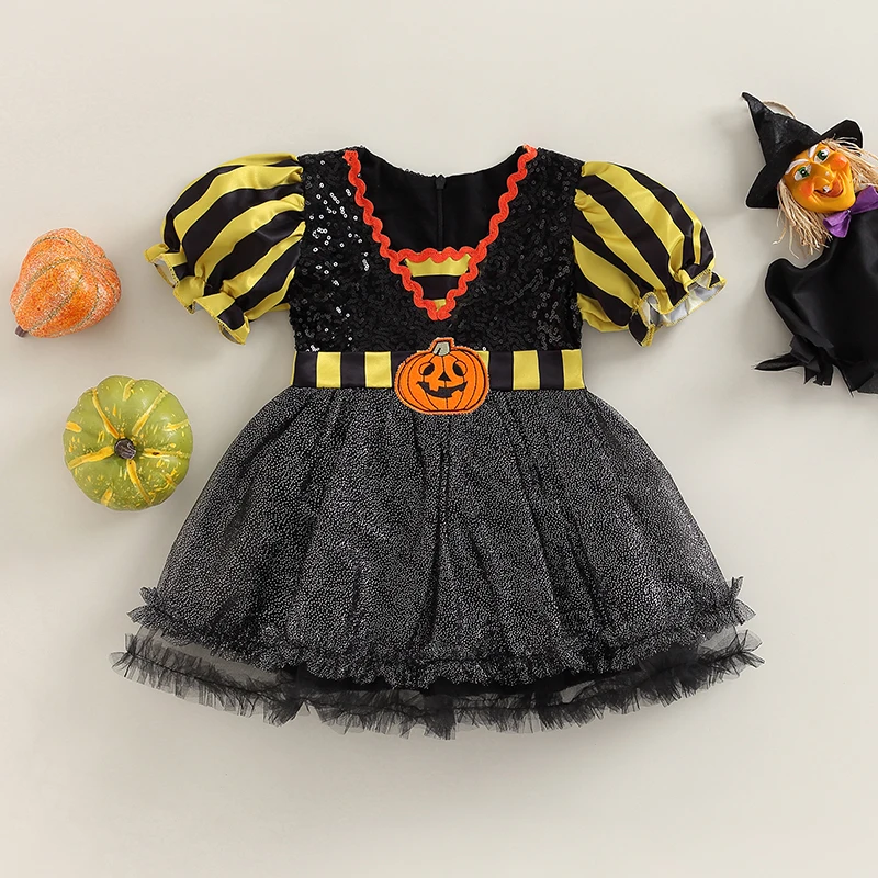 

Girls Halloween Costume Dress with Short Puff Sleeves Pumpkin Print and Tulle Patchwork for Toddlers