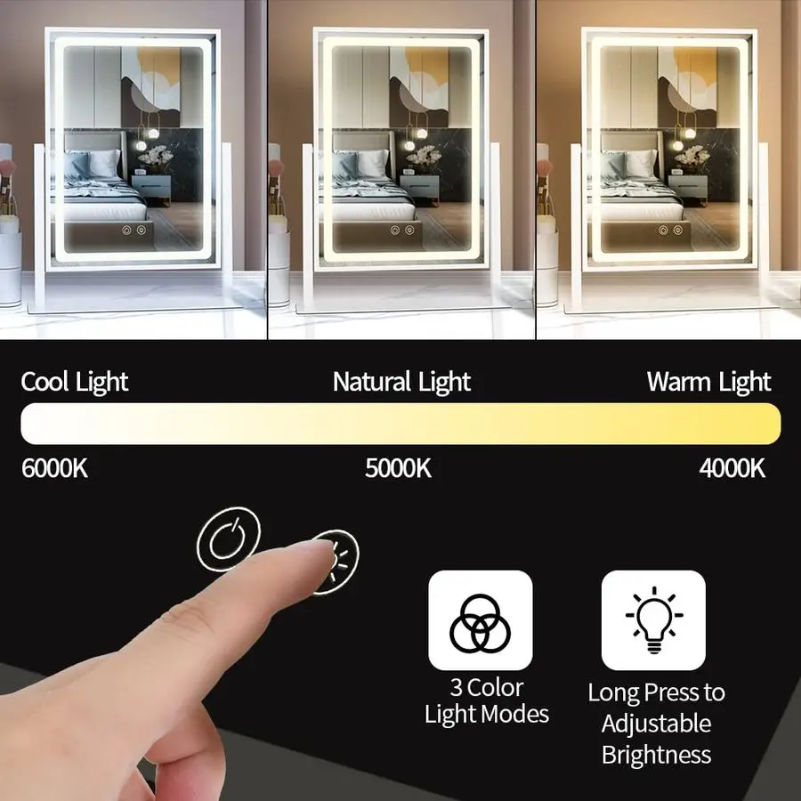 Espelho com luzes 13.78 10.23 Espelho de maquiagem iluminado ajustável para mesa, espelho de ampliação 10X removível, sensor de toque, Des