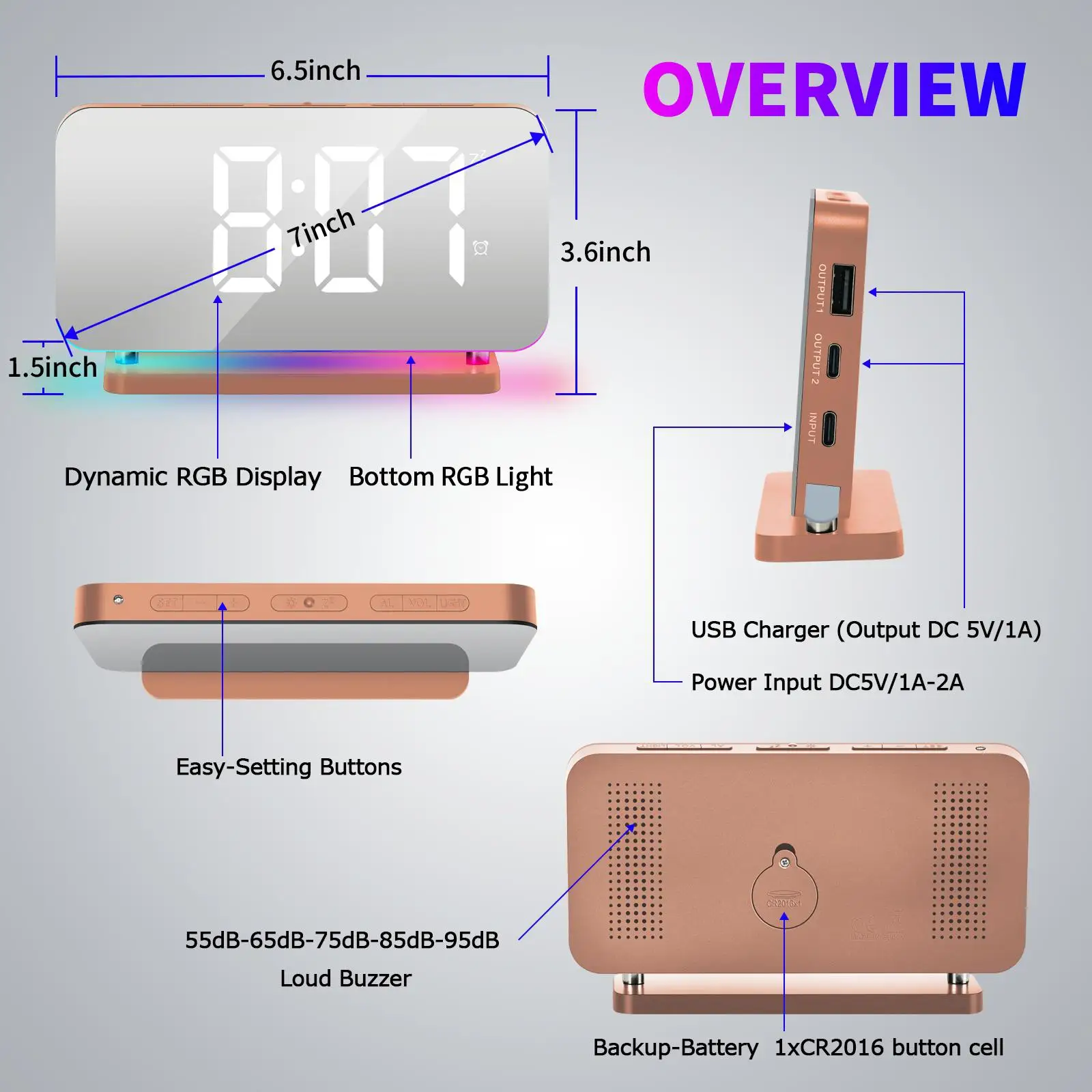 LED Digital Alarm Clock Bedroom with USB Charging Port Large Mirror Display for Desktop Living Room Bedside Dorm Decoration