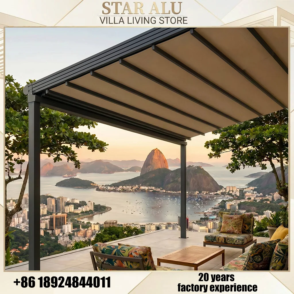 Motorized Patio Awning with Waterproof PVC Fabric Aluminum Frame Sunshade Cover for Terrace Balcony