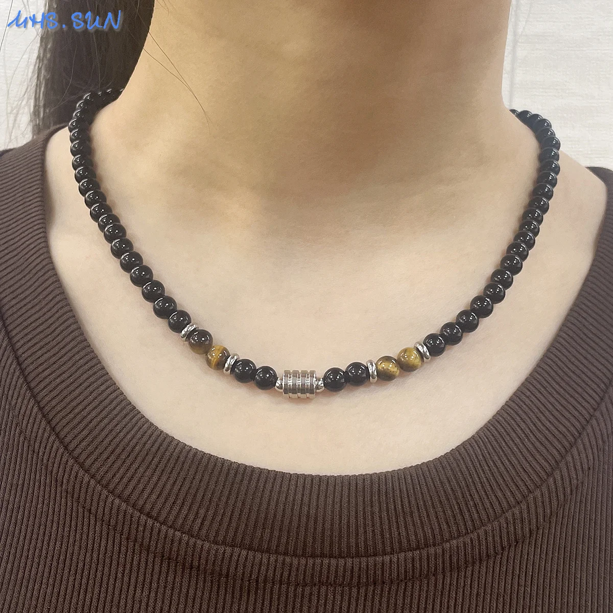 MHS.SUN Fashion Stainless Steel Necklace Black Beaded Natural Stone Handmade Clavicle Chain For Men Women Party Jewelry