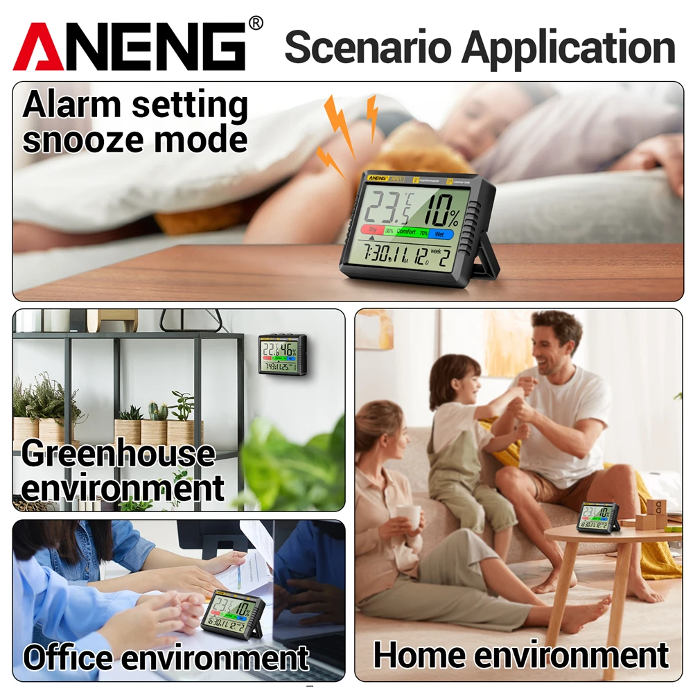ANENG AP01 Medición multiescena Pantalla de alta definición Termómetro de aire digital Higrómetro Termohigrómetro Reloj electrónico