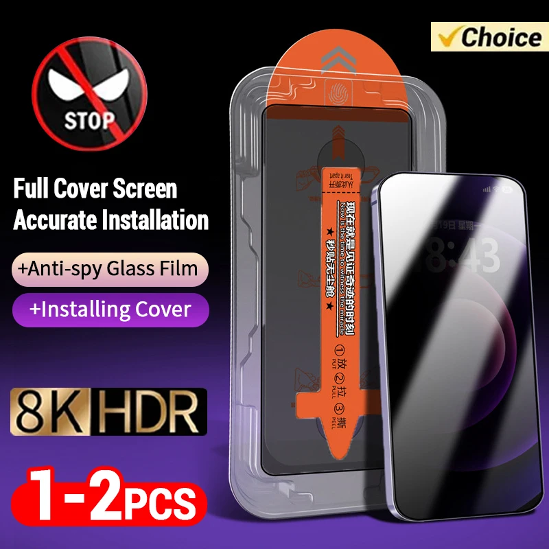 1-2PCS Anti Spy Tempered Glass 15 14 13 12 11 Pro Dust Free Installation Screen Protector For Iphone XR X XS Max