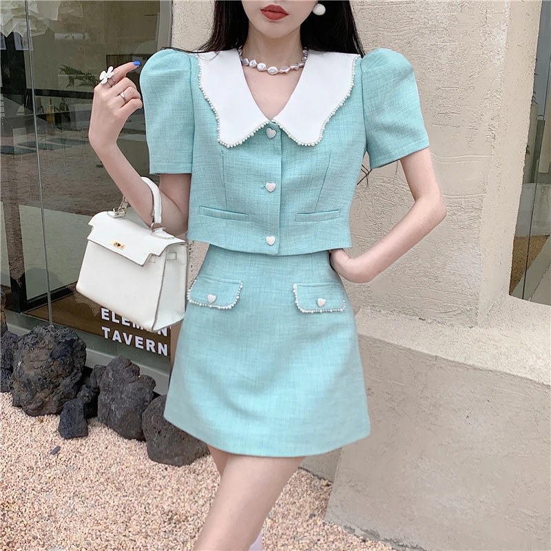 

Women's Temperament 2 Piece Set Vintage Elegant Summer Doll Collar Single-Breasted Short Top + High Waist A Line Skirt Suit