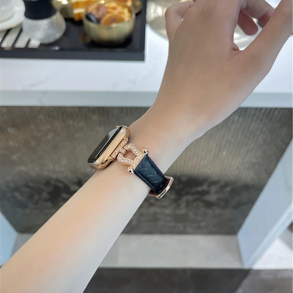 U نوع المنسوجة نمط سبائك الزنك + جلد طبيعي ساعة ل Iwatch الترا 8 7 49 مللي متر 45 مللي متر لامعة حجر الراين حزام ل أبل 41 مللي متر