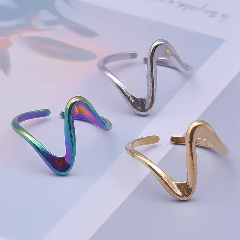 Minimalist Lines Sea Wave Shape Rainbow/Silver/Gold Color Stainless Steel Rings For Women Men Accessories Open Adjustable Ring