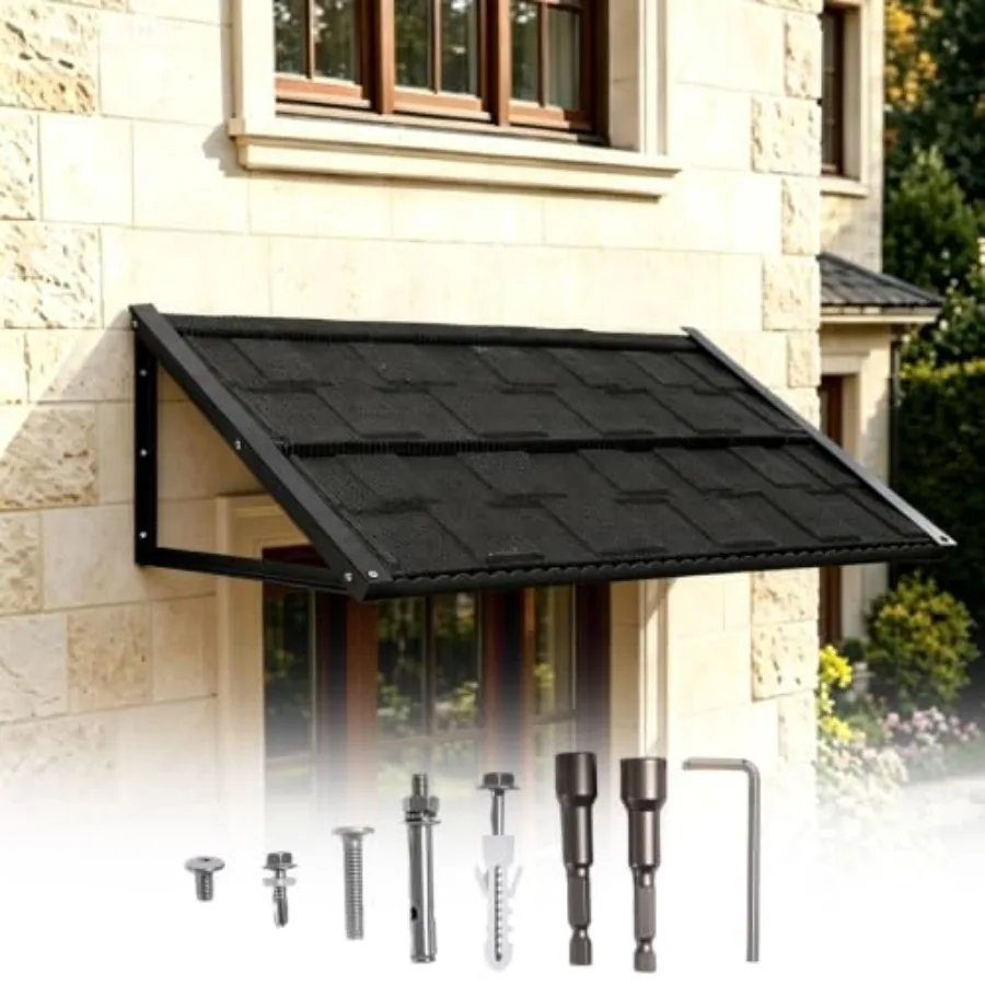 Heavy-Duty Fixed Metal Awning for Door Window Balcony, Steel Frame with Sand-Coated Tile Design, Black, All-Weather Rain Snow P