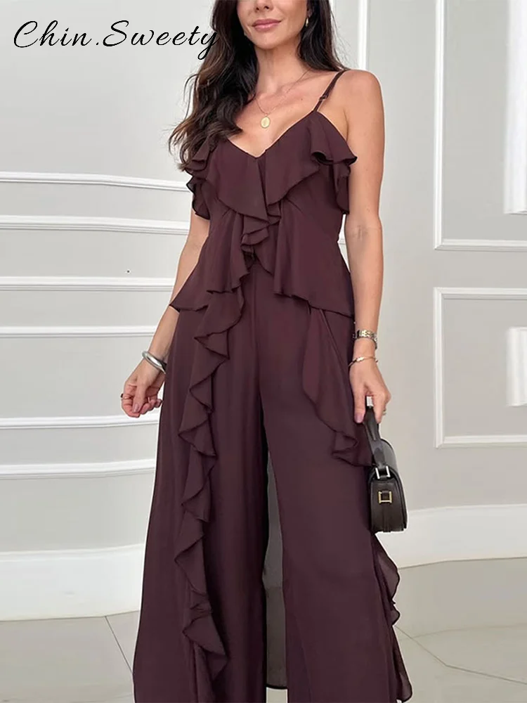 

Elegant Ruffles 2 Piece Sets Woman V-neck Sleeveless Sling Top High Waist Wide Leg Pants 2025 Summer Lady High Street Outfit New