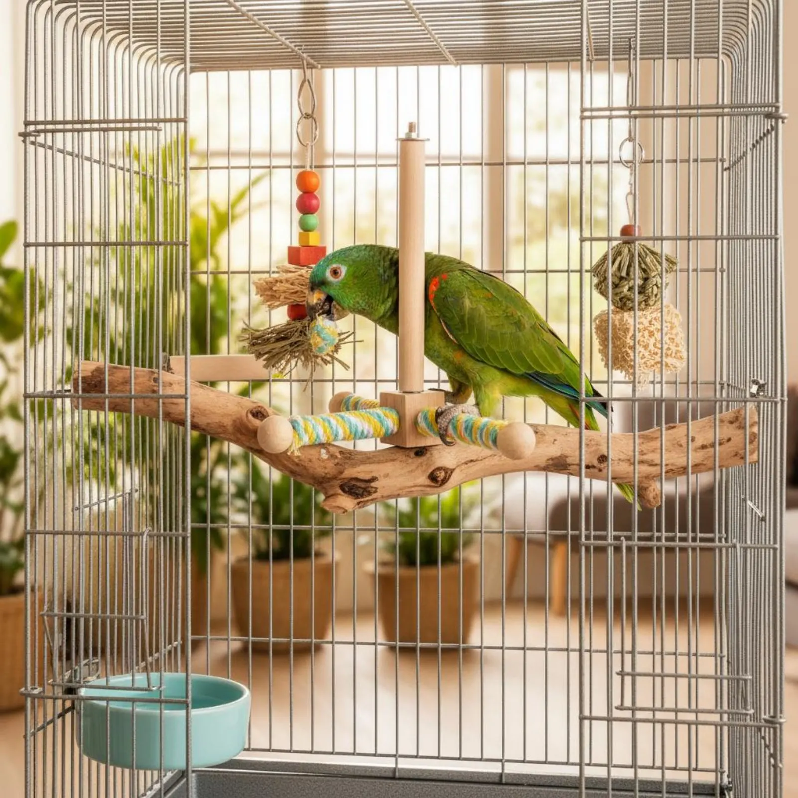 オウム用おもちゃ　回転式バードパーチ　鳥用おもちゃスタンド　木製ペットアクセサリー　食品安全染料使用